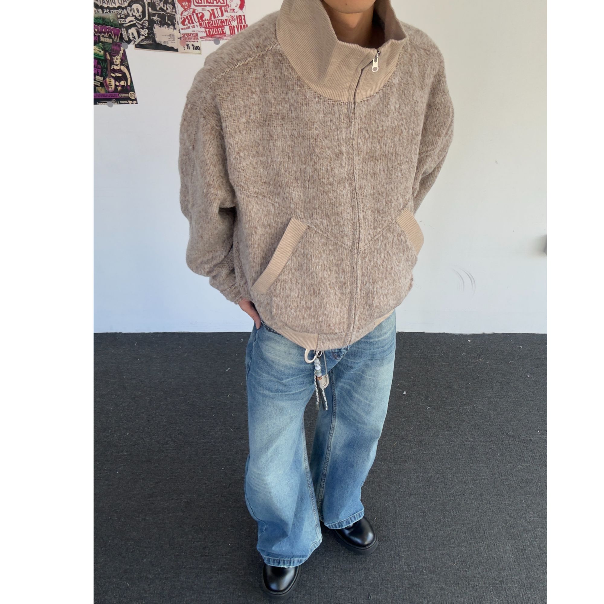 轻量感松软毛绒呢廓形高立领夹克外套慵懒风短款cleanfit大衣