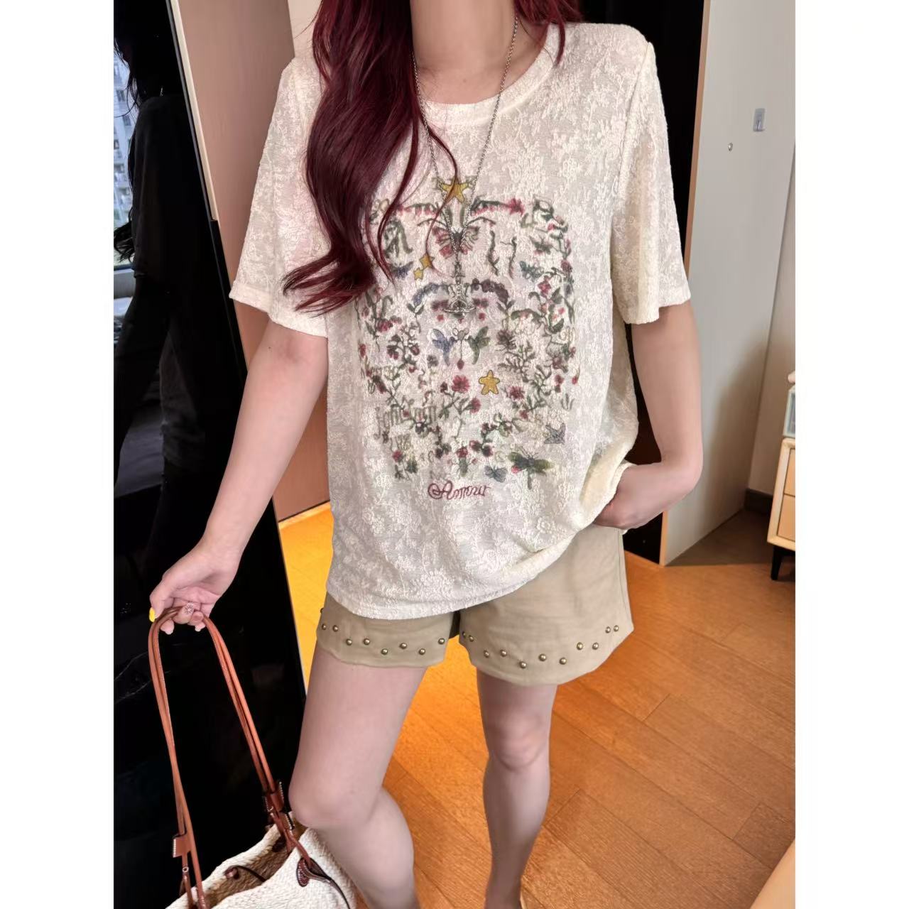  Xiaix【繁华似梦】夏季显瘦休闲重工提花短袖T恤TX250519