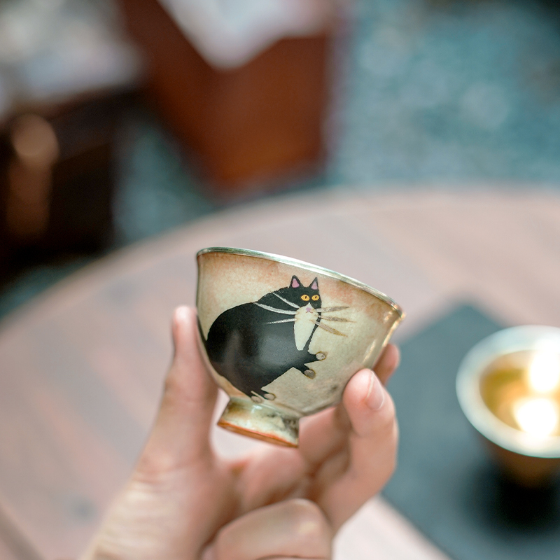足银999纯手工手绘至野猫咪柴烧包银杯品茗杯家用茶杯主人杯 猫憩