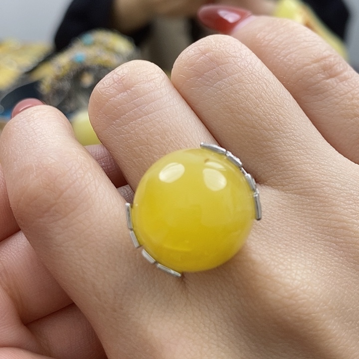 琥珀戒指银S925镶嵌戒指