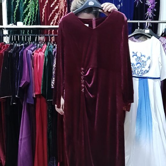 紫红色圆领金丝绒手工穿珠前开叉礼服裙2XL120-135斤以内