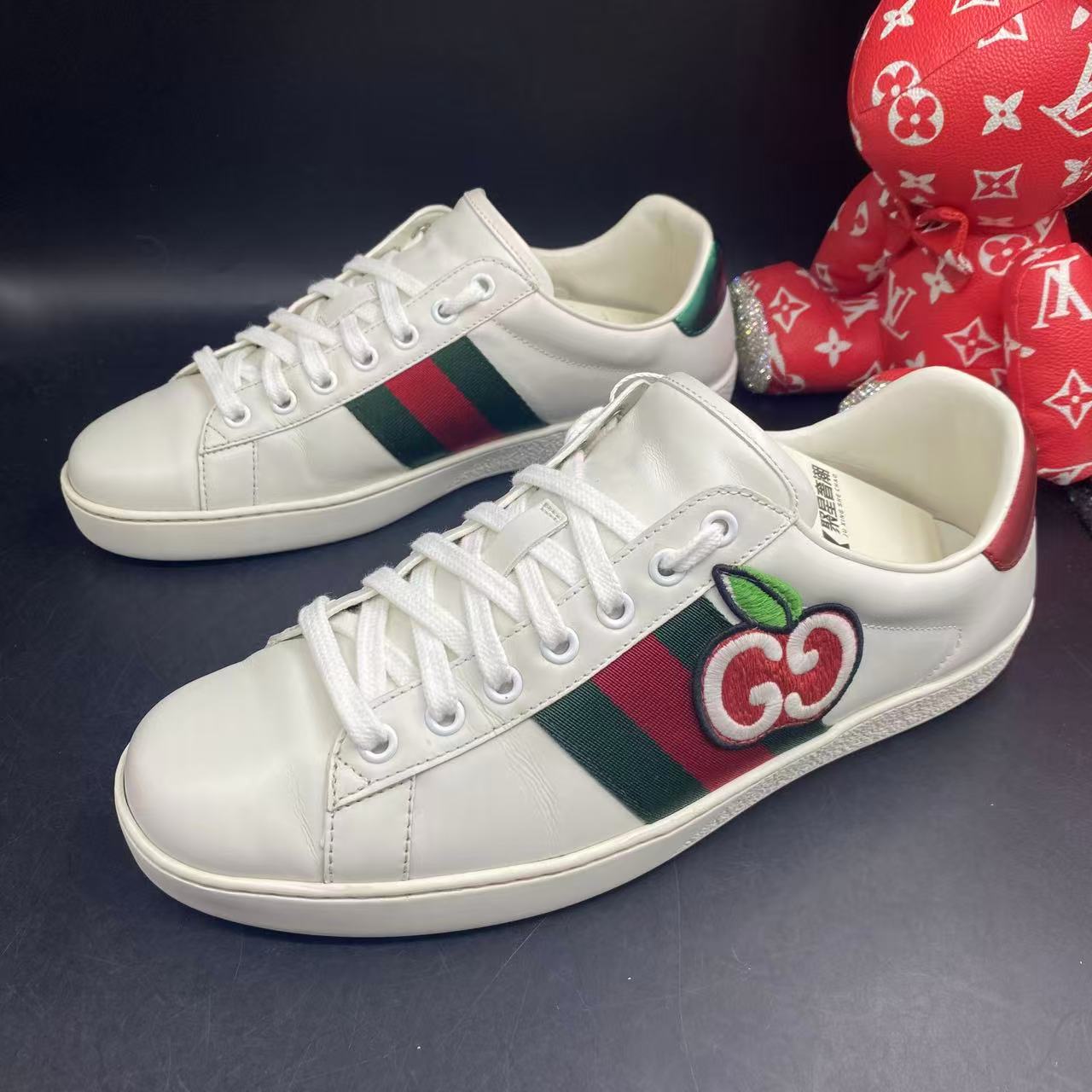 95新 GUCCI/古驰 白色双G互扣刺绣皮革ACE休闲板鞋40欧码ddm2431