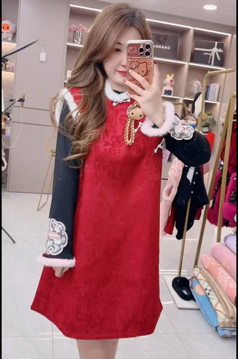 旗袍少女风日常秋冬中国风毛领女士冬季加绒毛毛旗袍