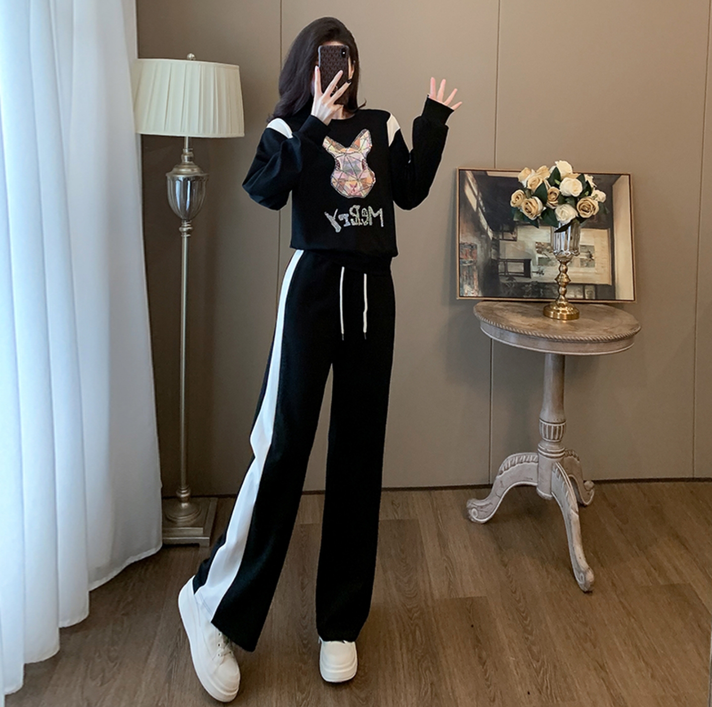 显瘦宽松洋气长裤秋季套装时尚时尚套装高腰休闲风