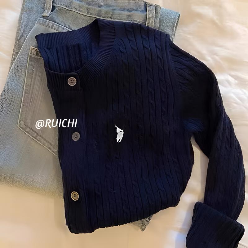 藏青色软糯2025秋季新款麻花高品质百搭长袖针织开衫上衣女