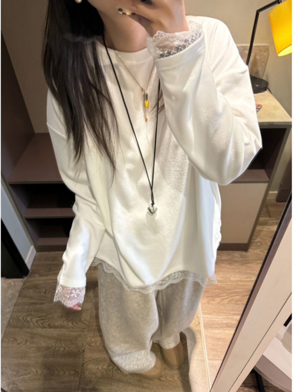 假两件长袖T恤女早春2025甜美风白色蕾丝花边打底衫宽松内搭上衣