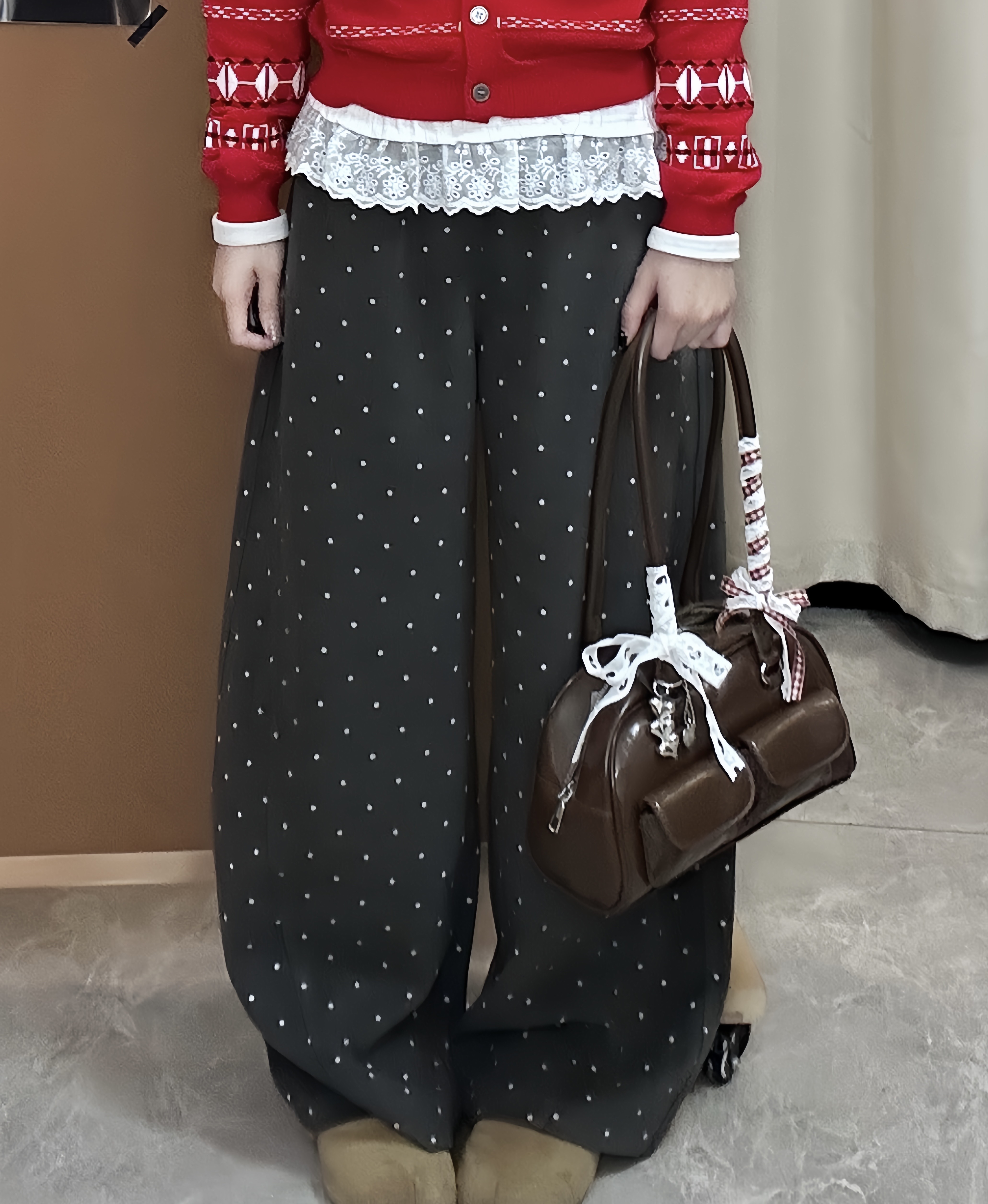 韩系波点灰色毛呢休闲裤女秋冬垂感百搭直筒高腰宽松弯刀阔腿裤子