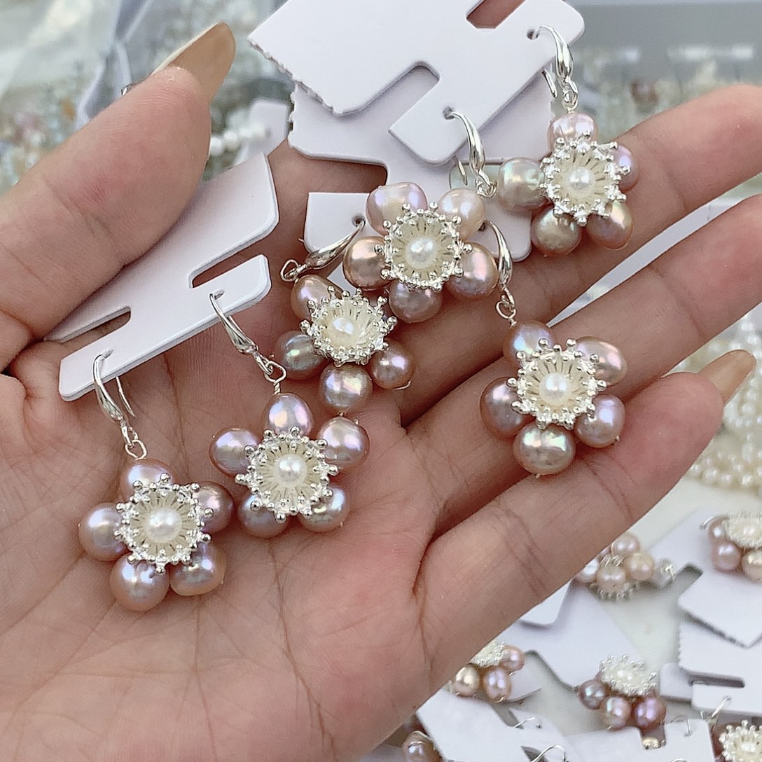 银S925镶嵌耳饰淡水珍珠紫花耳钩