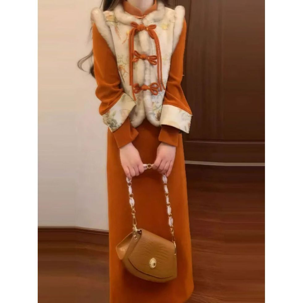 画报夫人新中式国风复古马甲旗袍连衣裙两件套装一整套初冬穿搭高