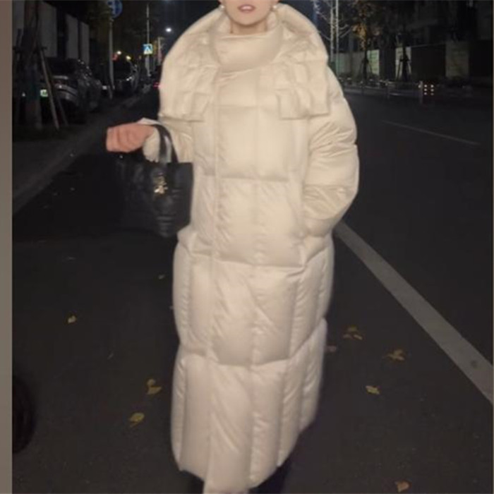 400克鹅绒羽绒服长款过膝盖保暖外套磁铁扣连帽面包服显瘦加厚