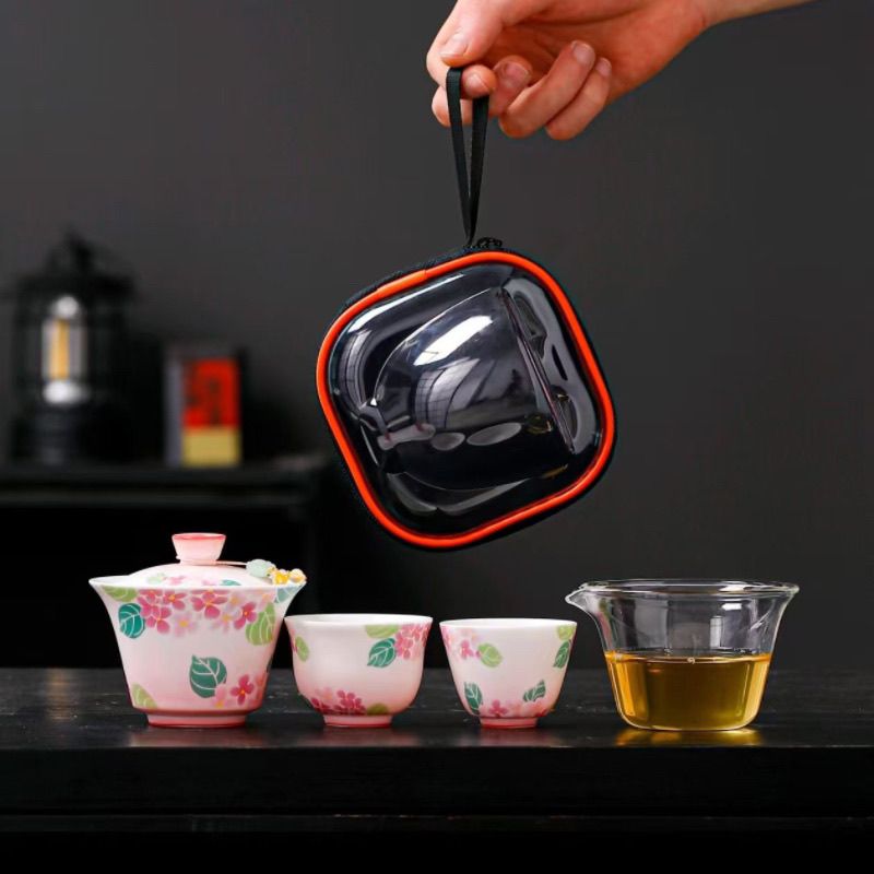 高颜值简易轻奢旅行茶具套装户外便携式快客杯一壶二杯盖碗泡茶杯