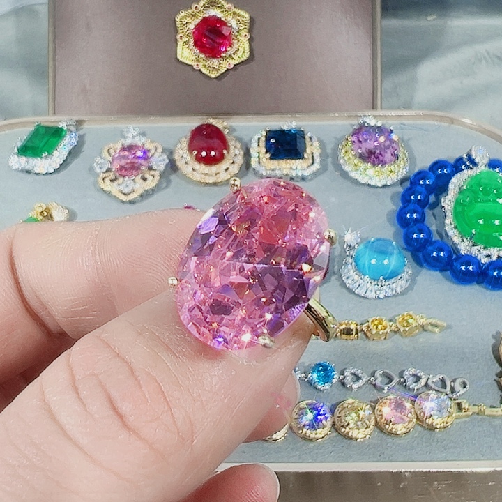 钨金红色蓝色满钻镶嵌戒指吊坠