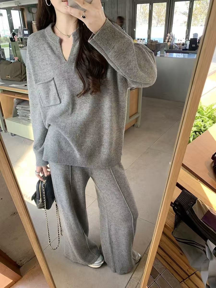 休闲风半开领套头时尚套装上衣+裤子简约长袖纯色穿搭简约通勤潮