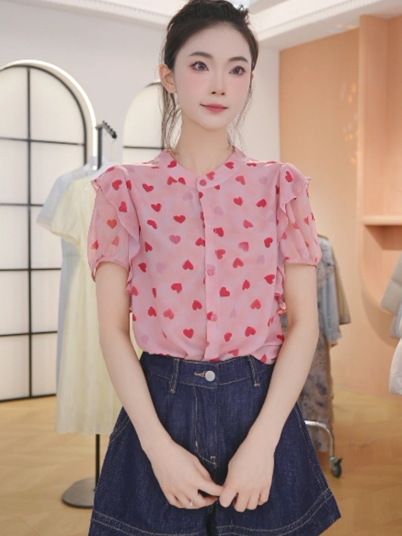 F2989夏季新款法式粉色减龄爱心小衫上衣女款