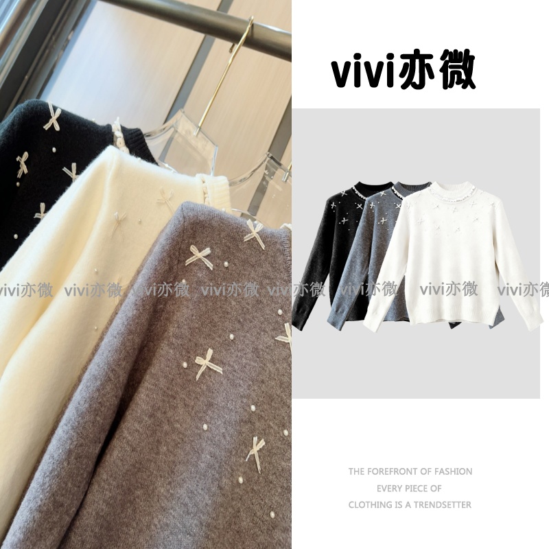 vivi亦微  |细羊毛针织衫冬装蕾丝花边挂脖设计套头毛衣 E291