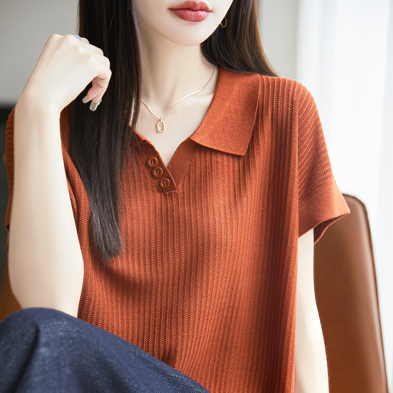 镂空短袖女纯色V领时尚宽松百搭翻领针织衫T袖大码显瘦夏季薄款