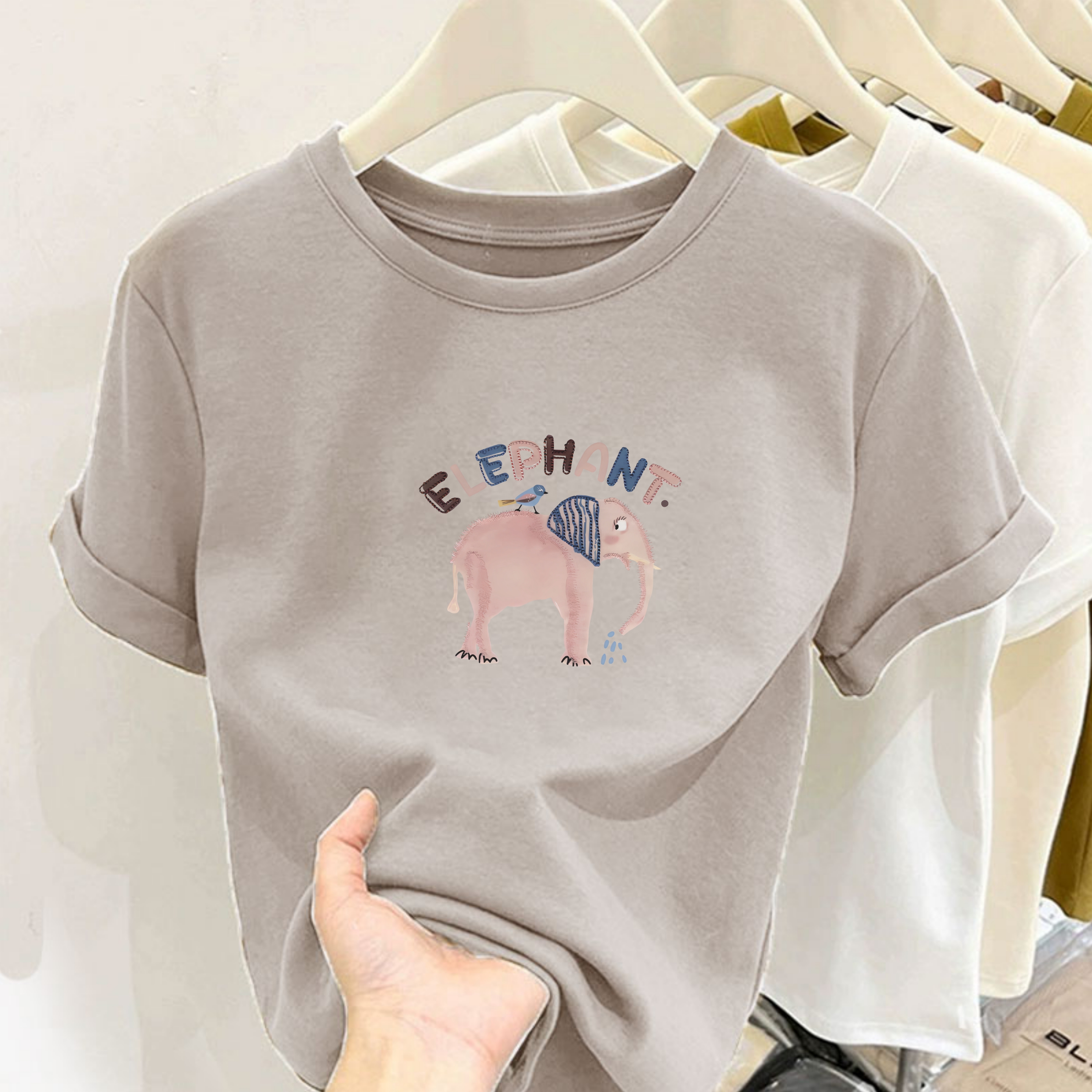 新款圆领字母粉熊印花纯棉短袖小个子女修身显瘦百搭上衣