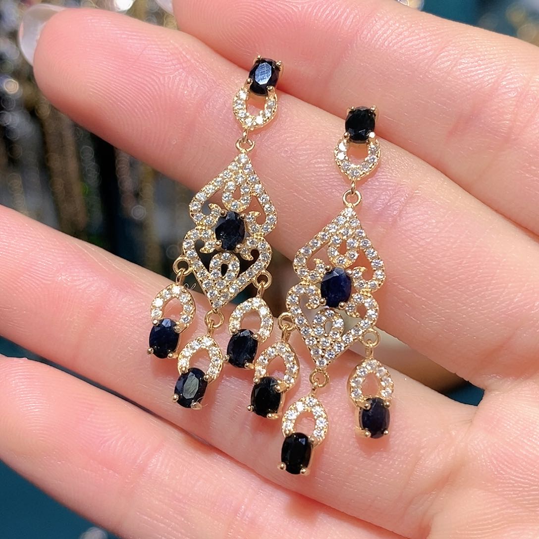 耳饰蓝宝石银S925镶嵌天然蓝宝石