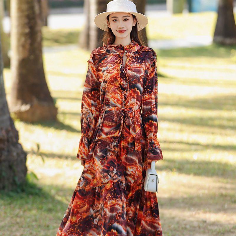 拜占庭的森林百搭连衣裙显瘦高端轻奢气质拼接双绉重磅真丝中长款