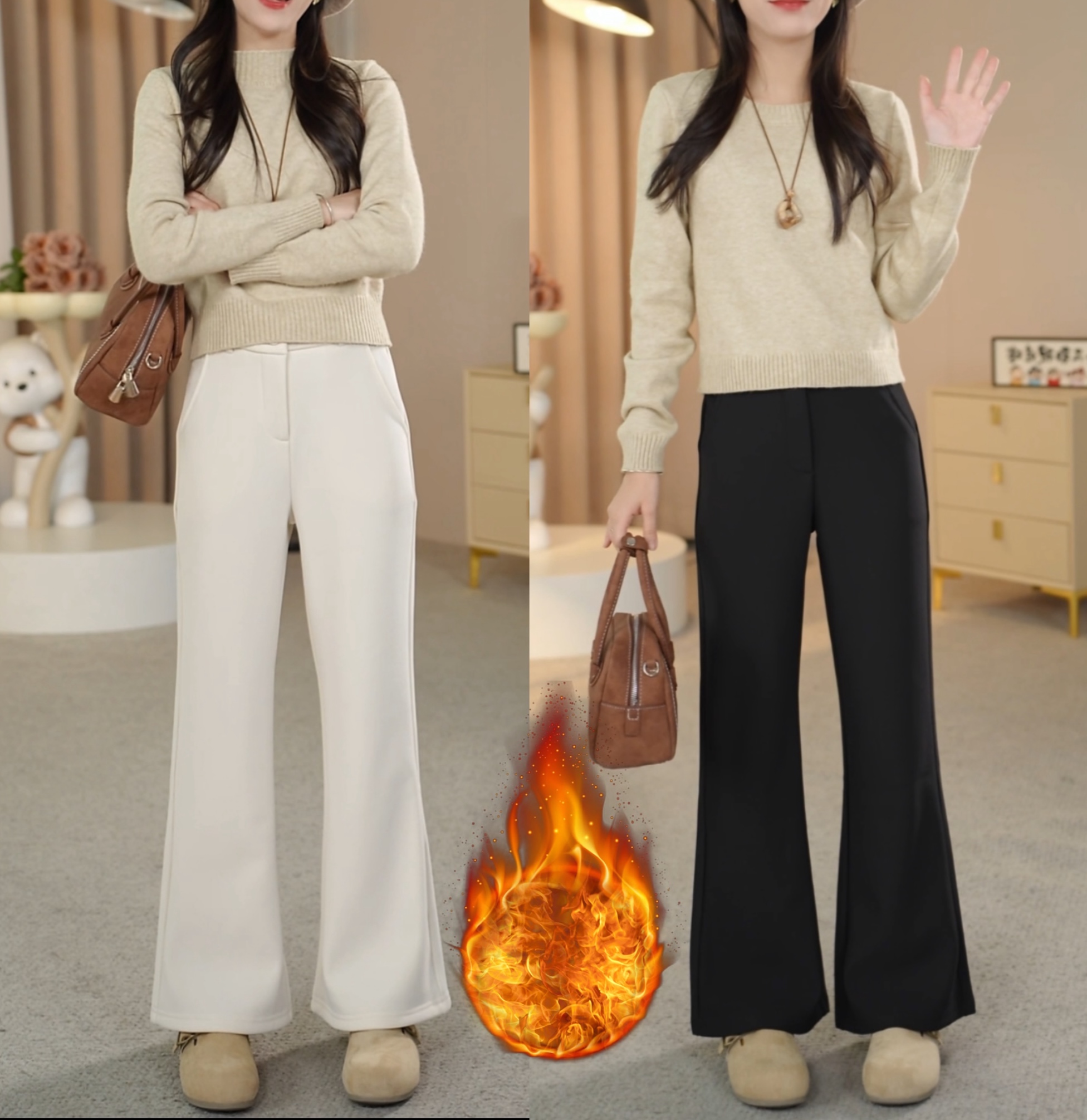 小个子冬季加绒加厚微喇裤气质时尚修身休闲高腰窄版直筒微喇叭