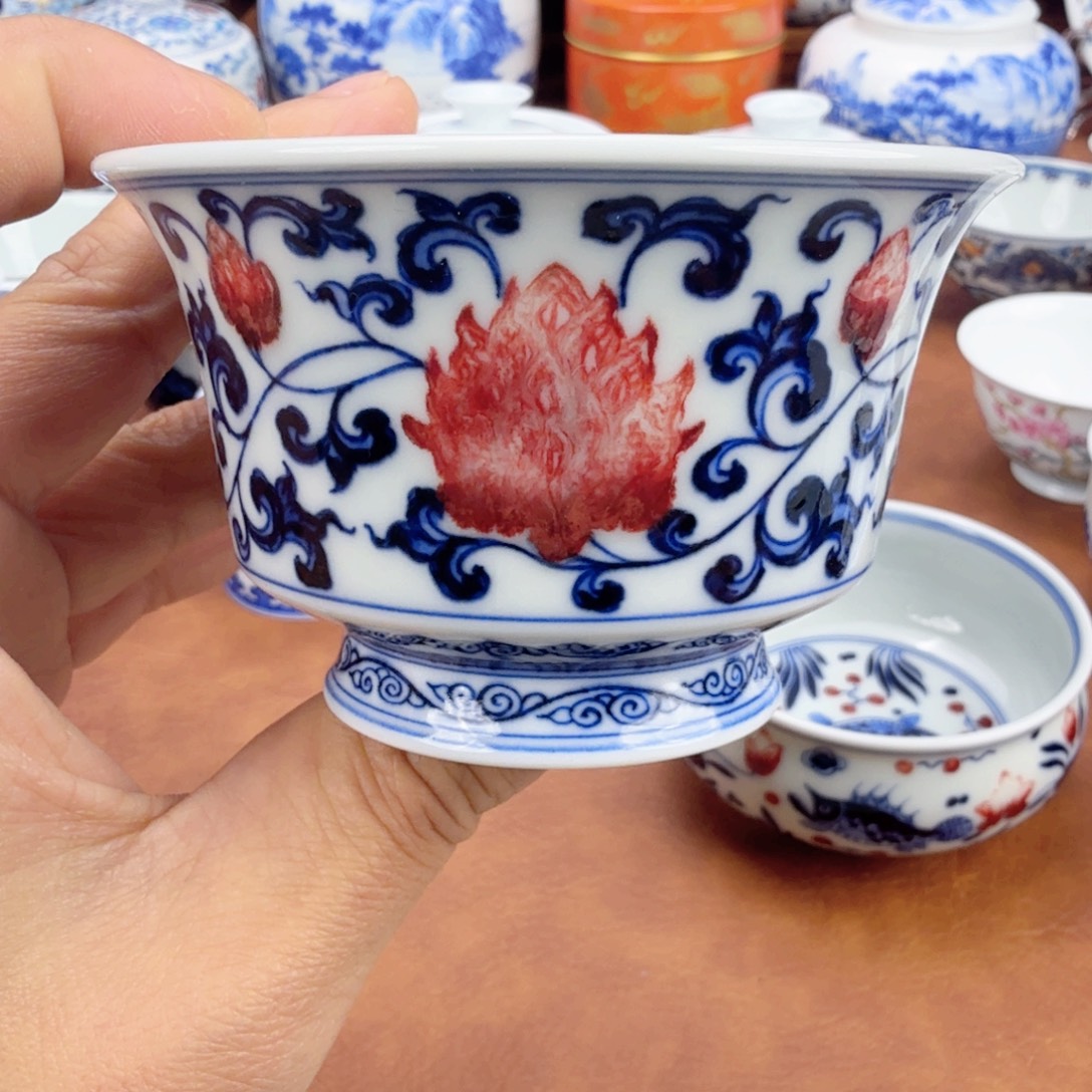 摆件陶瑕疵手工手绘青花釉里红单杯