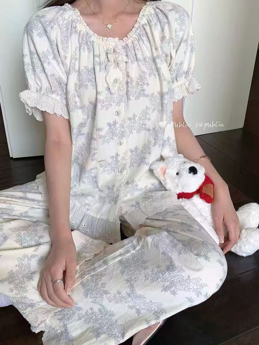 大小码家居服/短袖长裤/碎花睡衣套装
