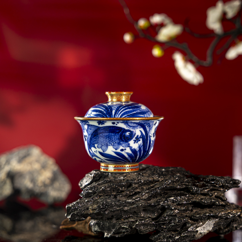 【墨舍名窑】景陶院描金矾红金贵鱼元宝盖碗 jty444