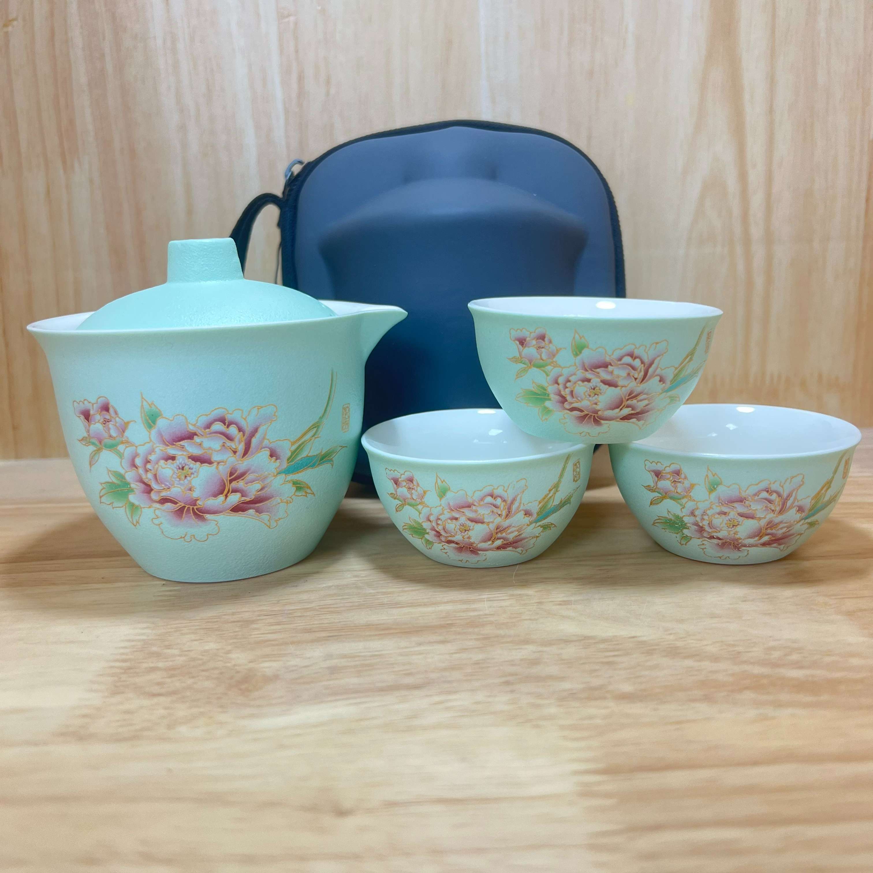 天青【绿牡丹】1盖碗3杯+包包C0784