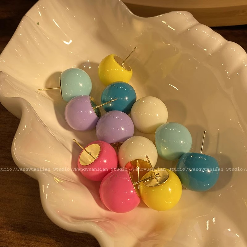 合金耳饰 忽而春风~多巴胺彩色树脂圆球耳钉2025新款少女耳环耳饰
