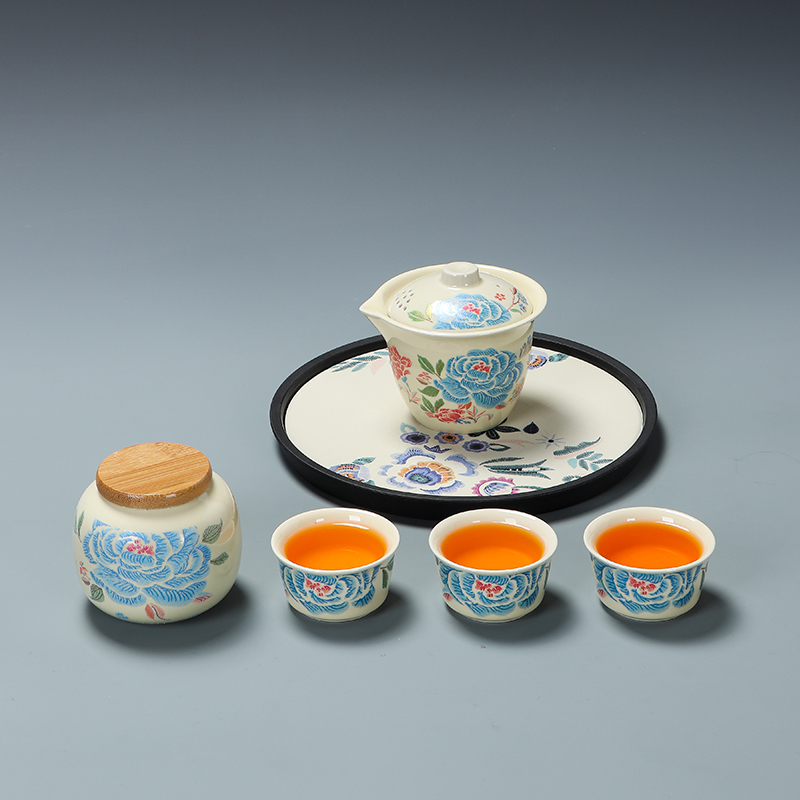 高温陶瓷刺绣牡丹户外旅行茶具车载便携式快客杯