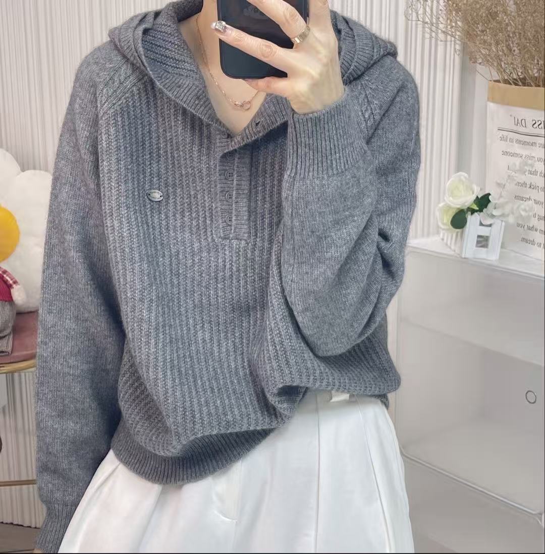 妮子严选针织连帽纽扣毛衣女长袖百搭显瘦上衣128113