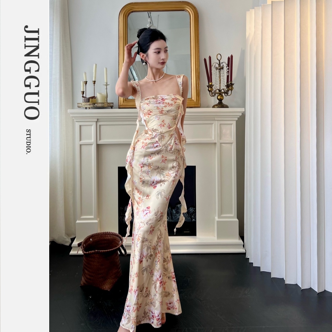【JINGGUO轻奢】小众设计法式浪漫碎花吊带连衣裙度假风长裙7382