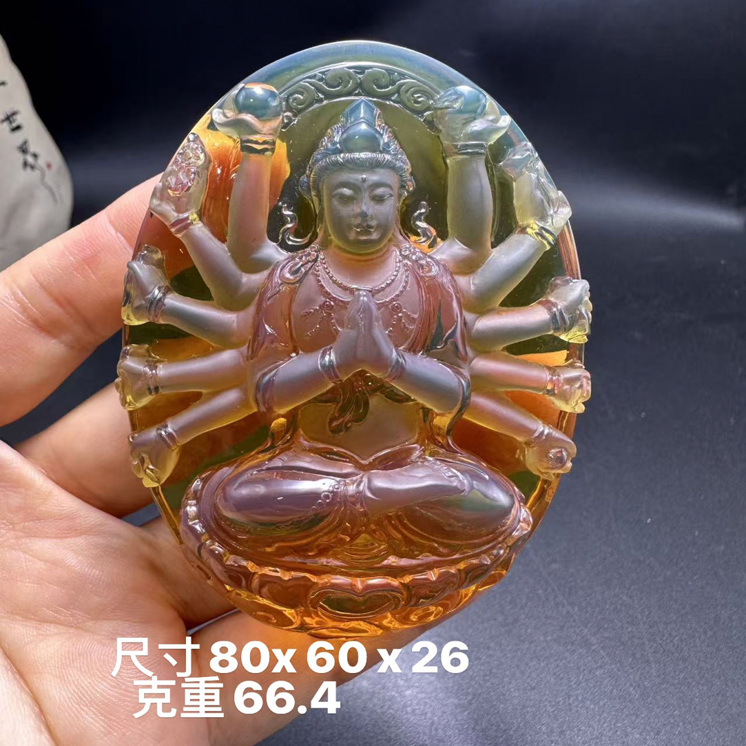 缅甸天然琥珀大师工（林丽珊）绿茶净水千手观音吊坠挂件