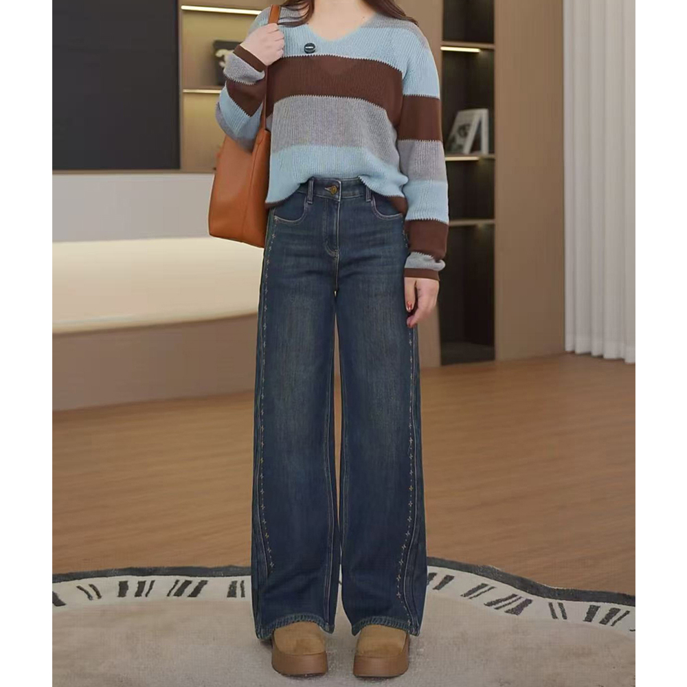 绣花直筒裤-牛奶绒加绒加厚-高腰直筒牛仔裤秋冬热卖女装F3085