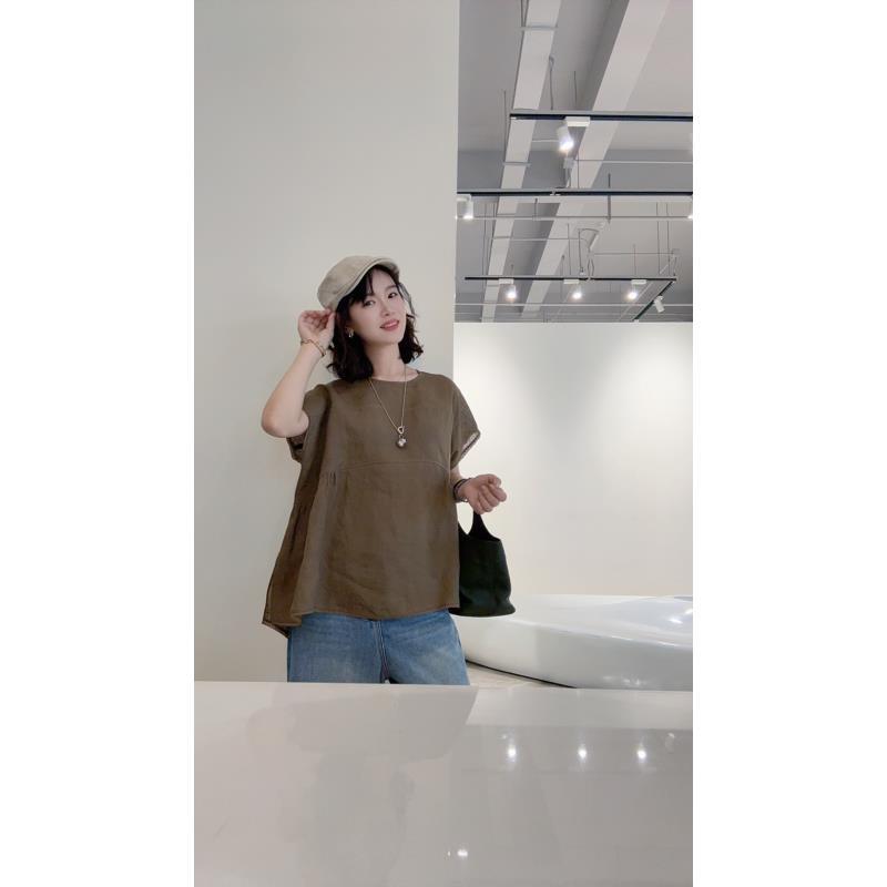 【618专属】小檀香夏新款减龄显瘦汉麻廓形蕾丝边上衣立体裁剪25190