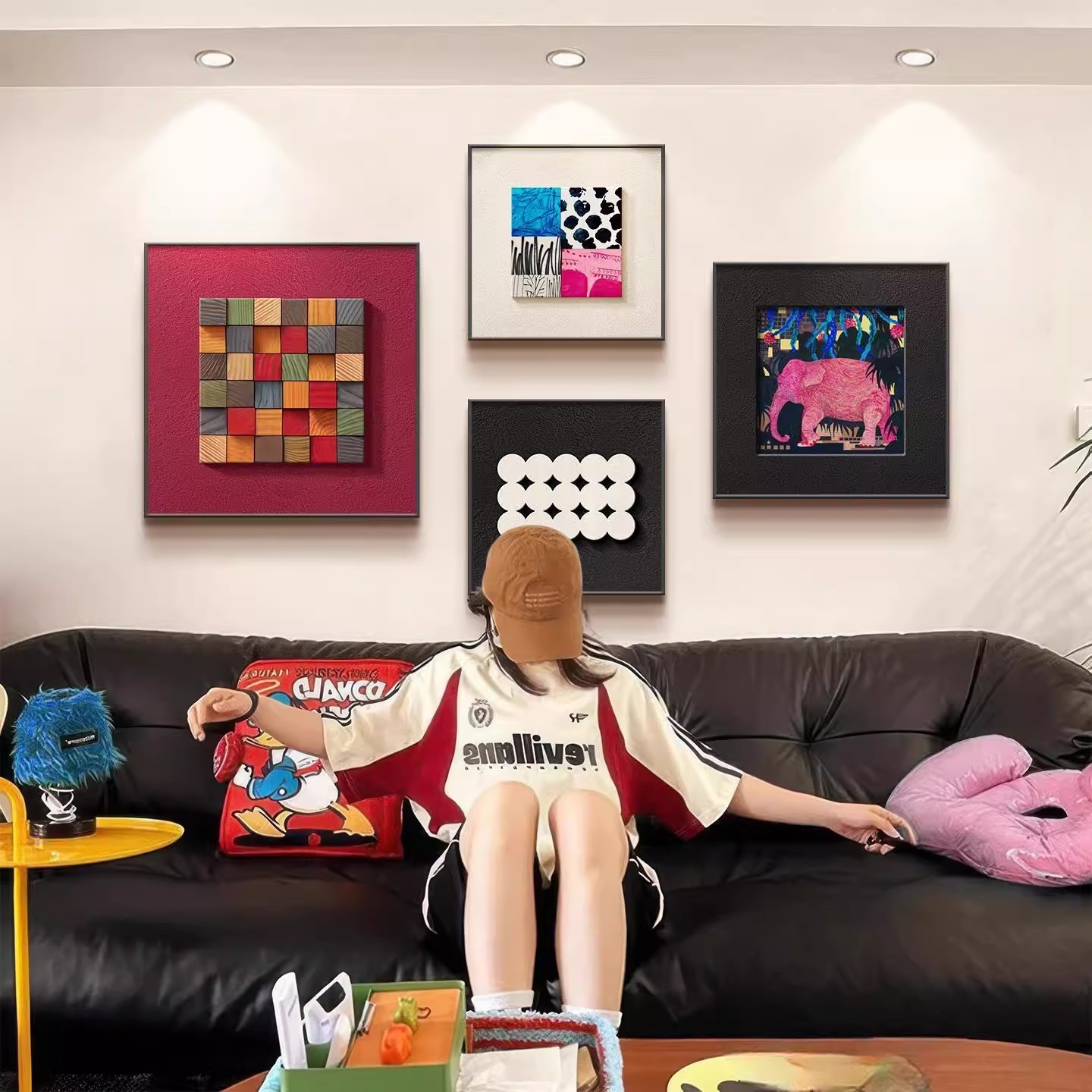 包豪斯多巴胺客厅装饰画中古风沙发背景墙挂画高级感抽象组合壁画