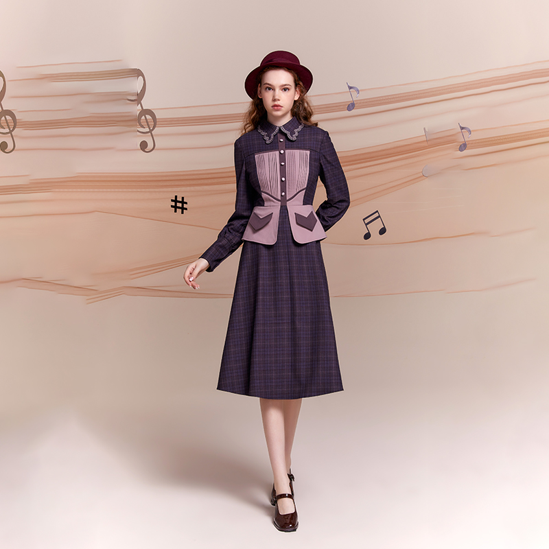 D-HARRY/迪哈利复古女装优雅连衣裙前片压褶拼接裙DH221J93752D