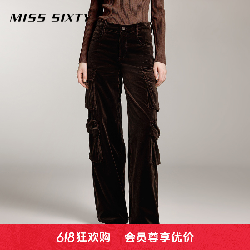 Miss Sixty休闲裤女高腰丝绒美式复古街头口袋工装裤