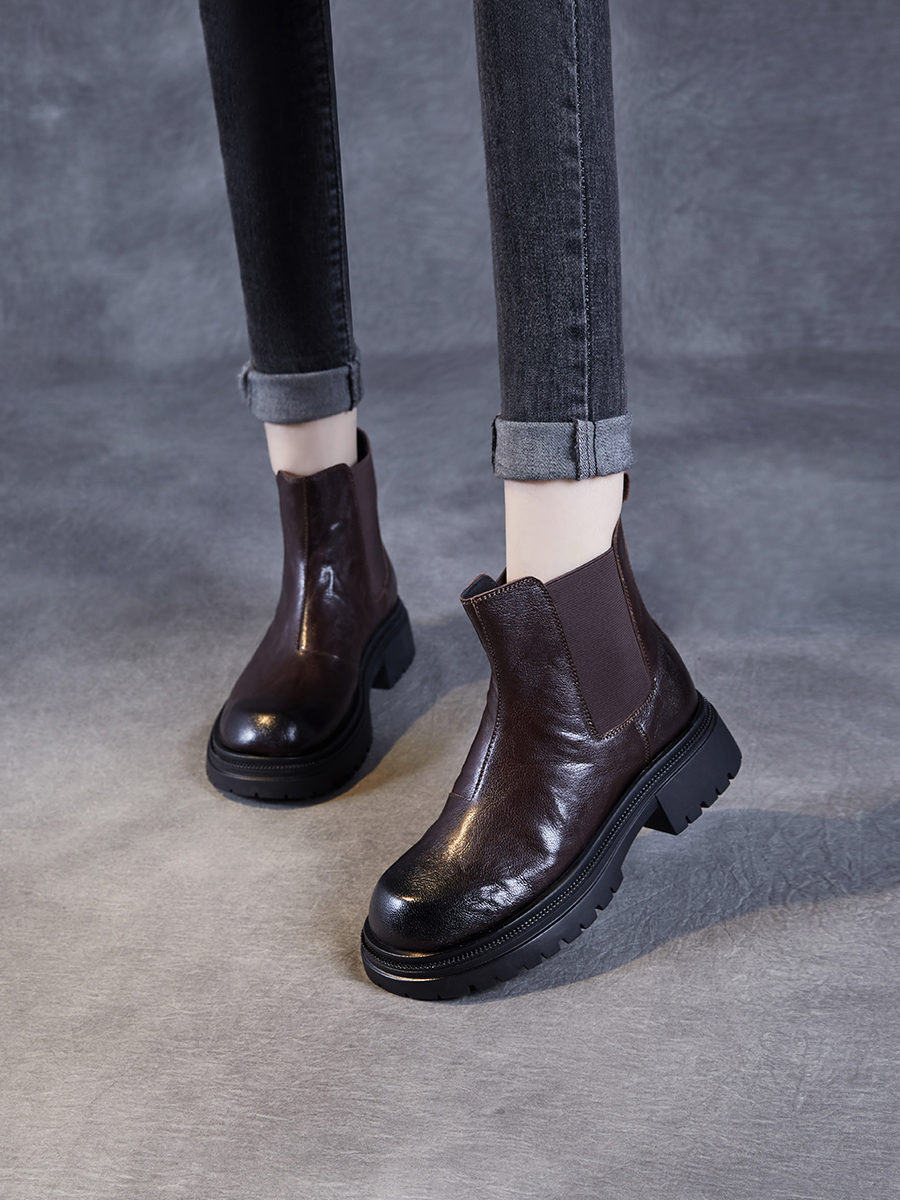 【老张手工】手抓纹羊皮厚底马丁靴女25秋冬加绒短靴真皮切尔西靴