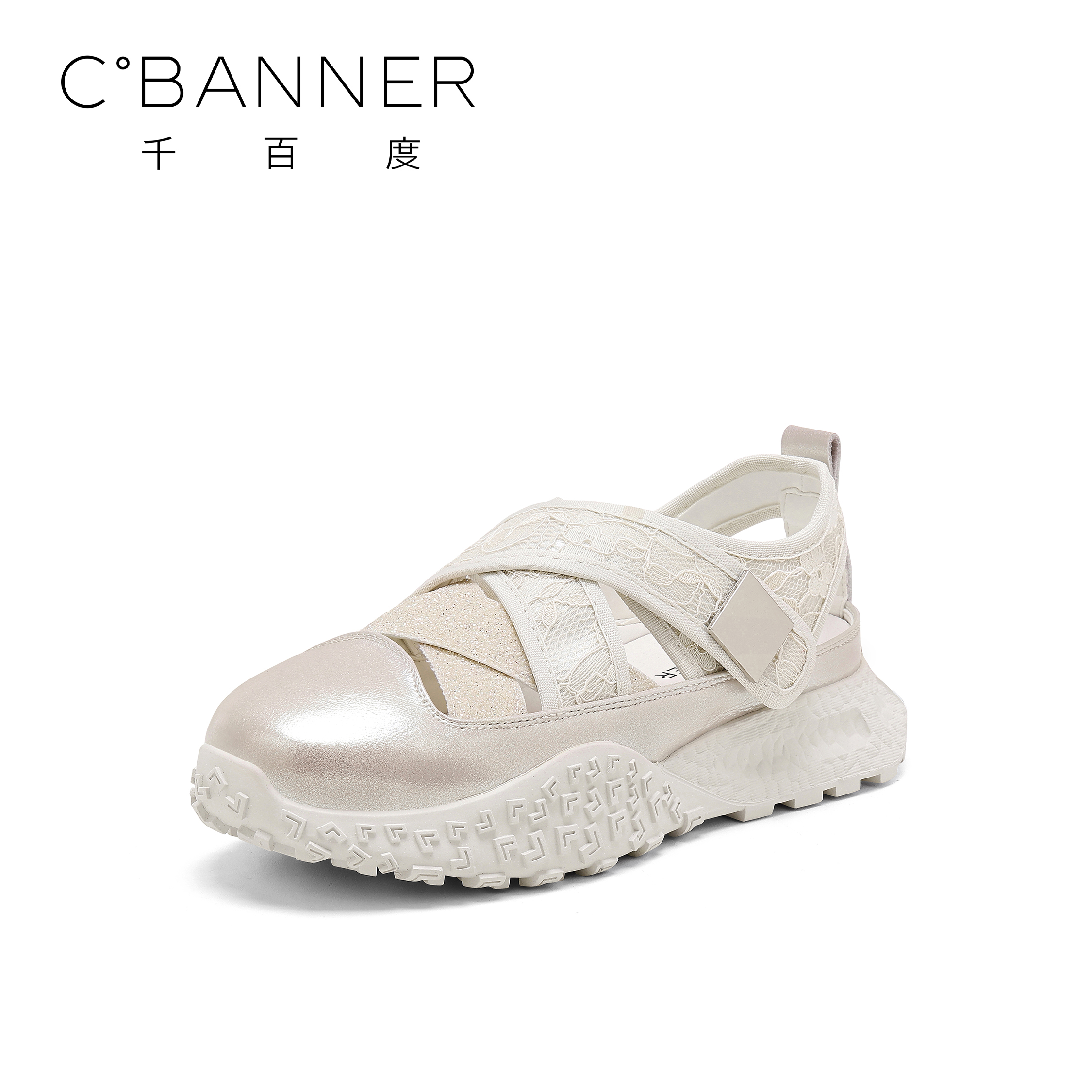 C.BANNER/千百度时尚休闲鞋女2025新款百搭镂空厚底魔术贴休闲鞋