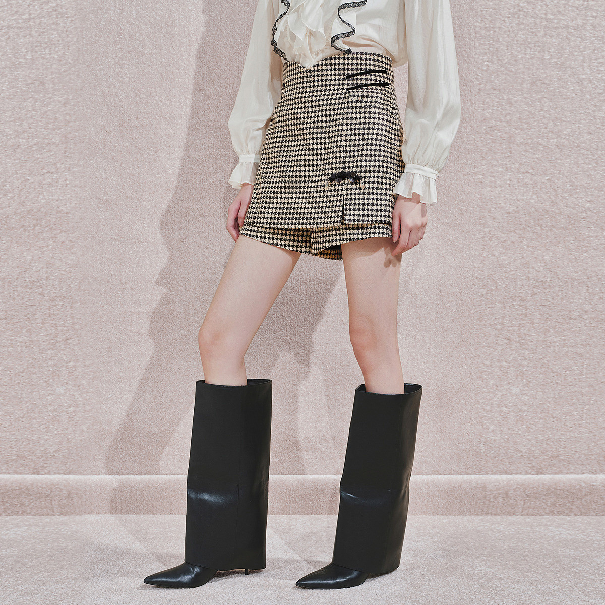 精致复古感千格鸟A字阔腿短裙裤女