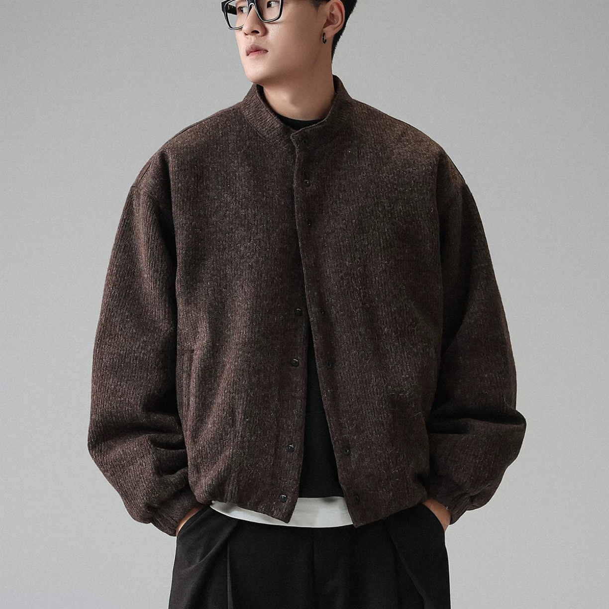 大码冬季日系复古立领羊毛针织白鸭绒保暖宽松男士外套韩版羽绒服