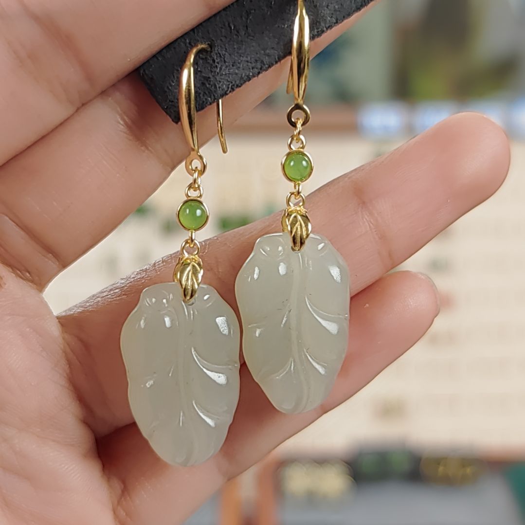 和田玉耳饰银S925镀金镶嵌二*姐耳饰