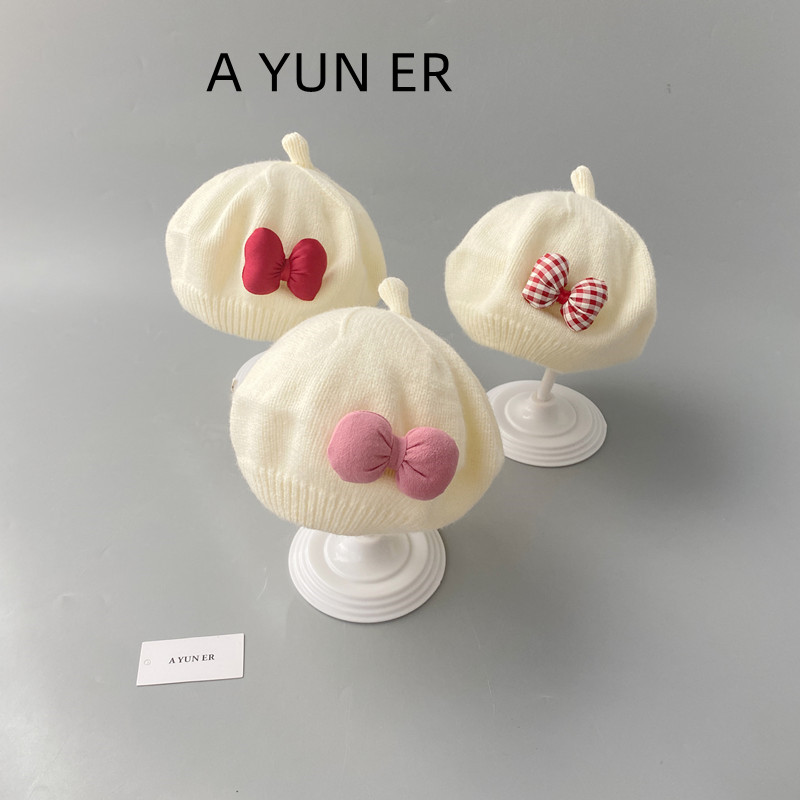 婴儿帽子秋冬季薄款毛线帽奶油系韩版女宝宝针织贝雷帽保暖套头帽