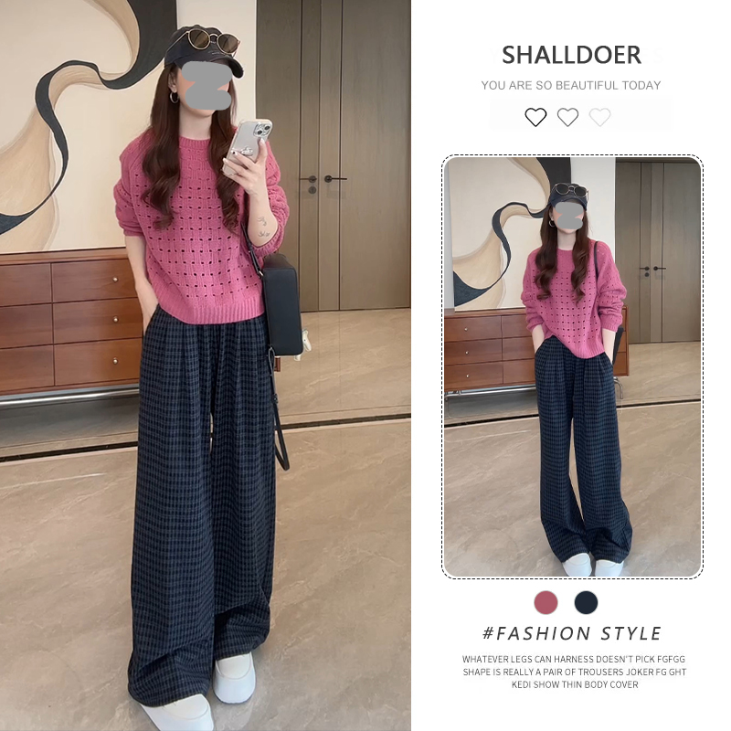 网红洋气炸街套装女2025春秋新款镂空长袖针织衫格子阔腿裤两件套