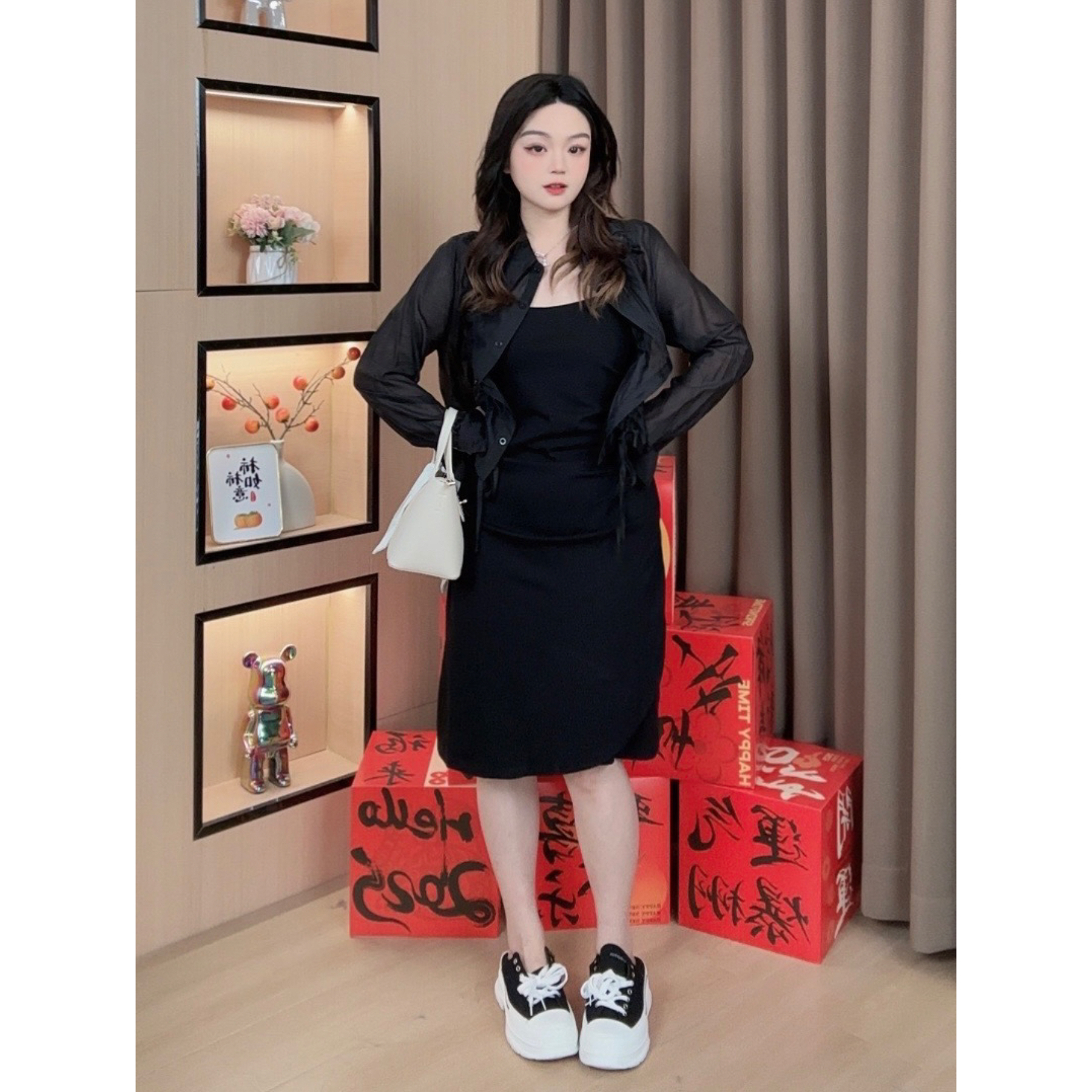 时尚遮肚气质显瘦藏肉吊带连衣裙+开衫~胖恩微胖定制【DM111】