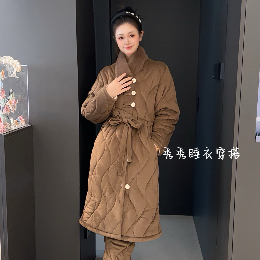 【秀秀家】冬季上新《暖棕流星》三层夹棉加绒加厚睡衣套装家居服