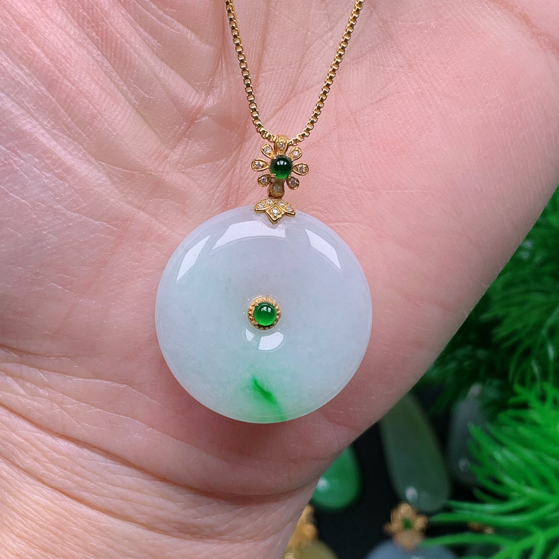 缅甸天然翡翠A货 18k金镶飘花平安扣吊坠9/1225尺寸23.6x5.7