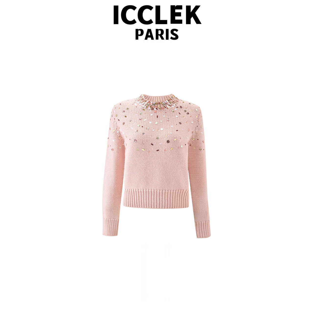 粉色亮片重工圆领套头针织衫加厚气质名媛减龄百搭显瘦上衣 -6004