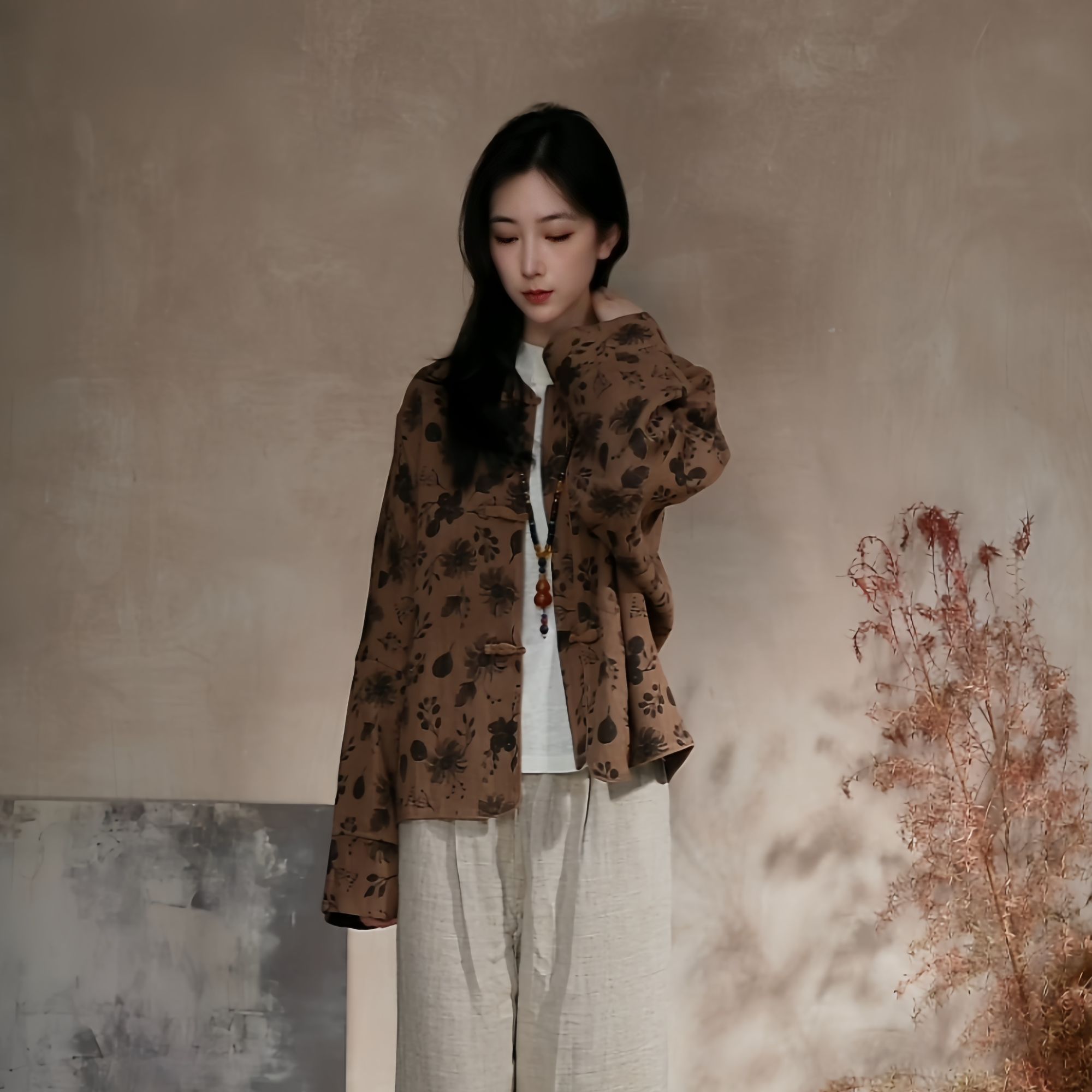 印花三粒扣常规女秋冬上衣唐装植物花卉中式外套新中式棉服
